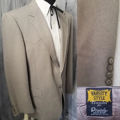 Vintage Permans Western Yoke Mens 44 Blazer Tan Sport Coat Jacket Partial Lined - Image 1 of 4