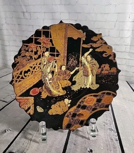 ANTIQUE JAPANESE PAPER MACHE PEDESTAL PLATE LAQUER HAND PAINTED BLACK & GOLD - Picture 1 of 9