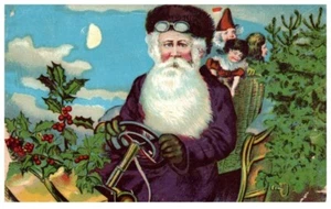 Vintage Purple Robe Santa Driving Car Father Christmas Automobile Postcard - P16 - Picture 1 of 2