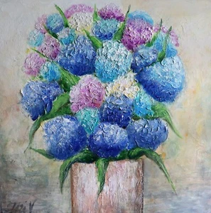Ramo de flores de hortensia azul lavanda blanco en florero de cerámica, arte al óleo original - Imagen 1 de 13