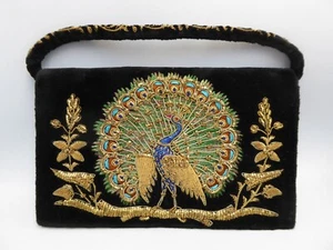 VINTAGE VELVET BEADED EMBROIDERED PEACOCK HAND BAG LADIES HANDBAG SILK LINED - Picture 1 of 11