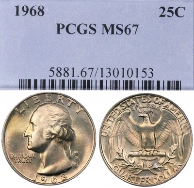 MS67 1968 25C Washington Quarter, PCGS Old Holder- Lightly Golden Toned - Image 1 of 4
