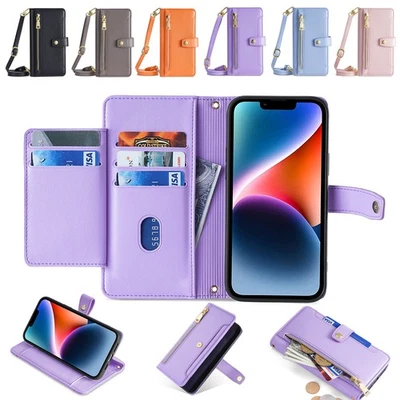 For iPhone 16 Pro Max 15 14 13 12 11 X 7 Zipper Wallet Flip Stand Crossbody Case - Image 1 of 4
