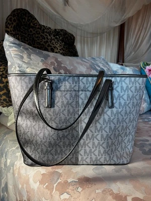 Michael Kors Medium Silver & Black Two-Tone Metallic Signature Logo Tote Bag - Image 1 of 4