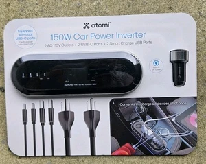 Atomi 150W Car Power Inverter, 2 AC 110V Outlets+2 USB-C Ports+2 Smart USB Ports - Picture 1 of 3