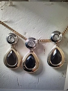 Vintage Sapphire and Diamond Set Pendant and Earrings 9ct Yellow Gold - Picture 1 of 8