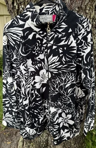 Chaqueta ST JOHN SPORT Mujer Mediana Negra Blanca Flor Hibisco Cremallera Completa EE. UU.! - Imagen 1 de 6