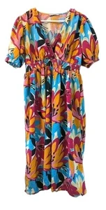 TU Dress Size UK 14 Multi Floral Midi Bright Casual Dress . Shirred Waiat - Picture 1 of 13