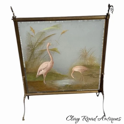 antiguo victoriano Hudson pájaros bronce ornamentado pantalla de fuego con pintura sobre vidrio Foto 1 de 4