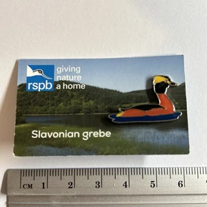 RSPB pin badge on Picture Card - Slavonian Grebe Bird Loch Ruthven Scotland - Picture 1 of 7