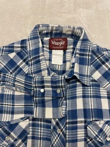 Vintage Wrangler Mens Big Man 2X Blue Plaid Pearl Snap LS Shirt Tear In Collar - Picture 1 of 9