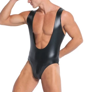 Mens Faux Leather Bodysuit Wrestling Singlet Fetish Gay Leotard Briefs Underwear - Picture 1 of 12