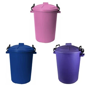 Set of 3 Plastic 50L Dustbin Heavy Duty Locking Lids Garden, Pink Blue & Purple - Picture 1 of 15