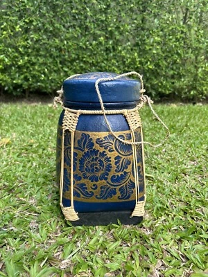 Thai Lanna  Woven Bamboo Storage Box Hand Painted Home Decor Vintage Style - Image 1 of 4