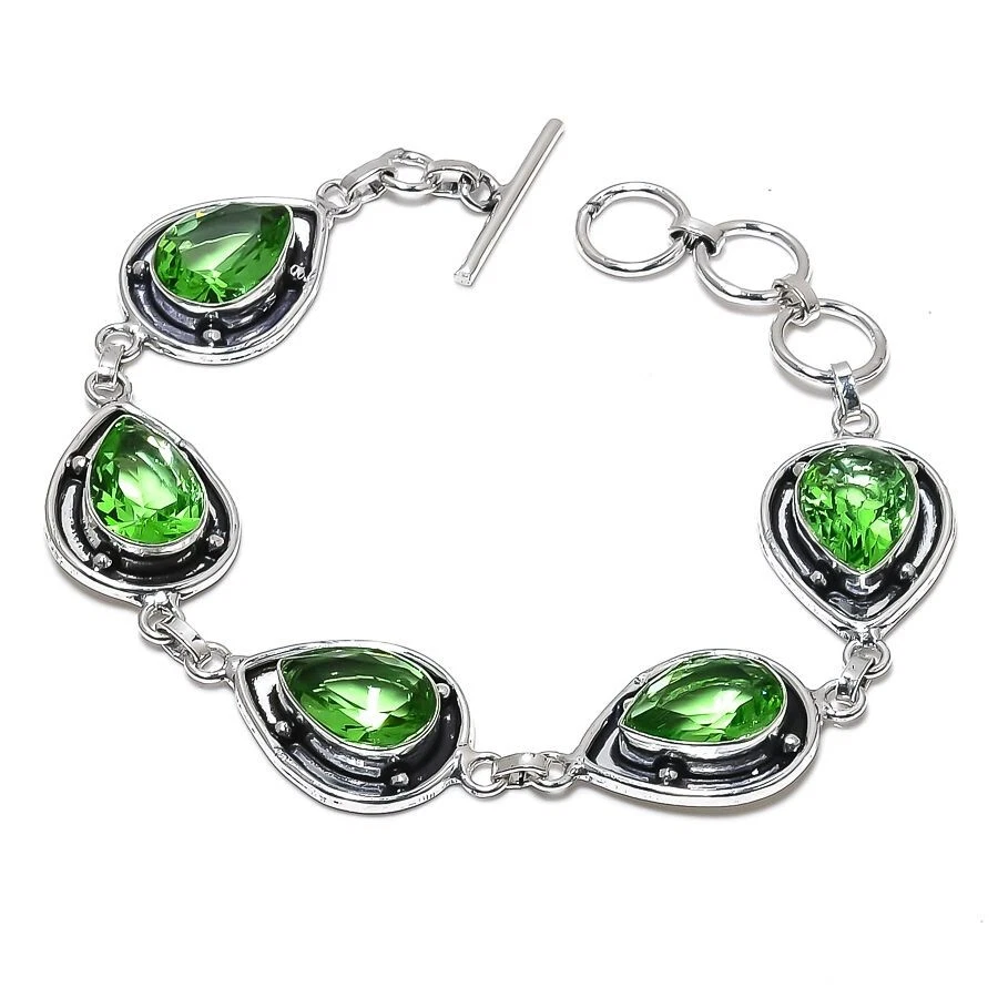 Brazalete Joyería Plata de Ley 925 Hecho a Mano Piedras Preciosas Amatista Verde Talla 7-8 Foto 1 de 1