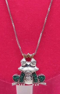 Sterling Silver Necklace 18in W/ 925 Frog Pendant W/green Emerald & Diamonds - Image 1 of 4