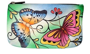 Borsa cosmetica Anuschka farfalla in pelle dipinta a mano con cerniera portamonete portafoglio - Foto 1 di 6