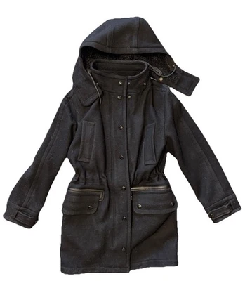 COACH Wool Blend Leather Trim Overcoat Removable Hood Cinch Waist sz M, Black - Image 1 of 4