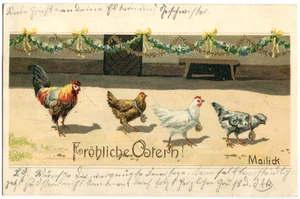 MAILICK-Präge-AK FRÖHLICHE OSTERN ! 4 Hühner/Hahn um 1900 ! - Picture 1 of 1
