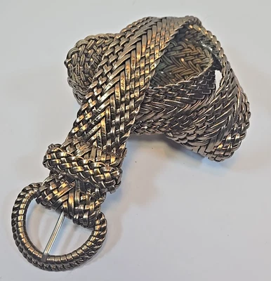Old Navy Synth Gold Leather Belt Wide Braided Woven Belt 1.5" Width 35" Length - Image 1 of 4