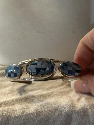 Jay King 925 纯银双面微型蛋白石和绿松石袖口手链 复古 — 第 1/4 张图片