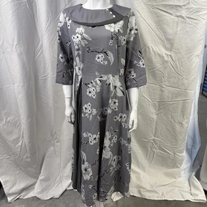Vintage grau Blumen Midi Tee Kleid breiter Kragen 3/4 Ärmel XL (16-18) kostenloser Versand - Bild 1 von 12