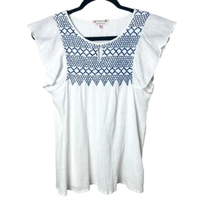 Blusa Top Bonpoint Bordada Manga Acampanada Algodón Blanco Azul Talla XS - Imagen 1 de 9