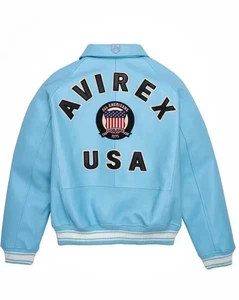 Avirex sky Blue Leather – Vintage Bomber Style, Iconic Military Flight Jacket - Picture 1 of 4
