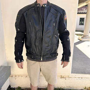 Xelement Black Armored Leather MotorcycleJacket Men's XL Patches Zippers Snaps - Picture 1 of 15