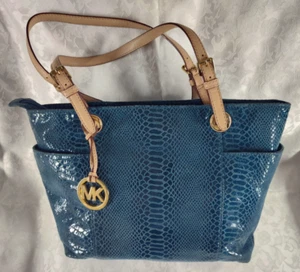 Michael Kors Embossed Snakeskin Leather Blue Shoulder Bag Purse - Picture 1 of 22