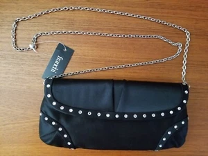 Franchi NWT Evening Bag Black Satin,Rhinestones.  Silver Chain.20" drop - Picture 1 of 4