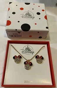 Disney Parks Minnie Mouse Goldtone Crystals Earrings & Necklace Set 2021 NEW - Picture 1 of 6