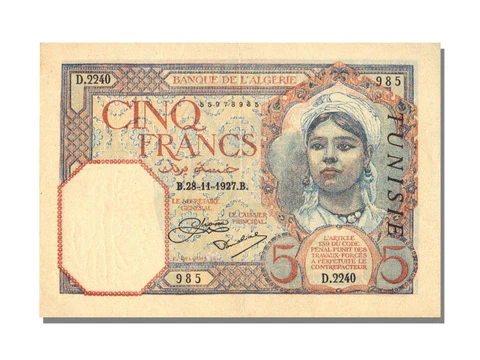 [#22650] Banknote, Tunisia, 5 Francs, 1927, 1927-11-28, UNC Cover