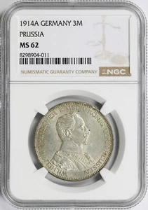 1914-A Germany Prussia Silver 3 Mark NGC AU58 - Picture 1 of 4