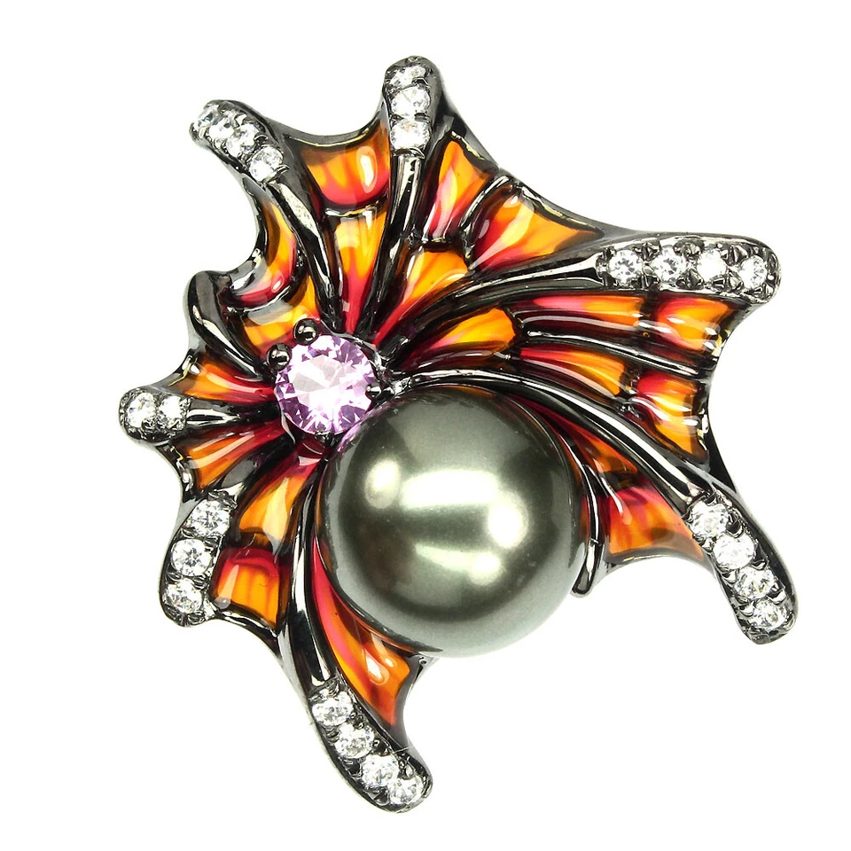 Anillo de plata de ley 925 redondo perla negra 11 mm circonita simulada araña joyería 7,5 Foto 1 de 4