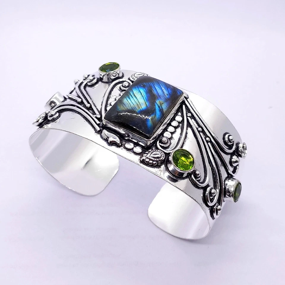 925 Sterling Silver Labradorite & Peridot Gemstone Jewelry Cuff Bracelet - Image 1 of 4