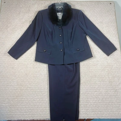 Plaza South Petites Pant Suit Women’s Sz 14P Navy Blue Faux Fur Collar Button Up - Image 1 of 4