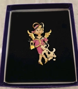Bob Mackie Engel Dame & Hund Emaille Anstecknadel Brosche Flügel bewegen neu in Box signiert selten - Bild 1 von 22