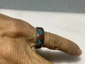 Antiguo peón plata esterlina 925 vintage turquesa y coral incrustación banda anillo talla 5 - Imagen 1 de 6
