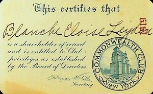 Commonwealth Club New York Membership Card 1919 Blanche Eloise Leyden - Picture 1 of 1