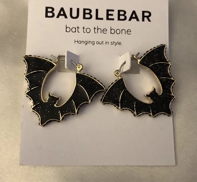 Baublebar Bat To The Bone Black Enamel Bat Hoop Earrings Crystal Accents NEW - Image 1 of 4
