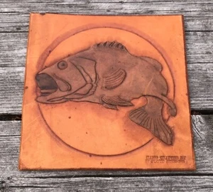 Tooled embossed Cow Hide leather wall Art Fly Fishing Trout Fish Hand Crafted - Picture 1 of 3