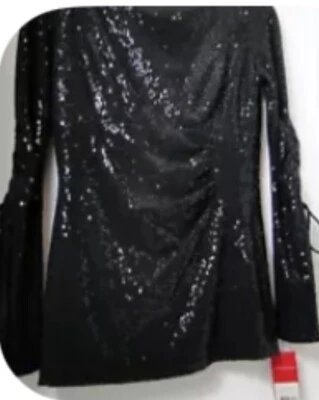 👚🖤GORGEOUS Donna Ricco 全新带标签 6 码亮片黑色上衣带铃铛袖 — 第 1/4 张图片
