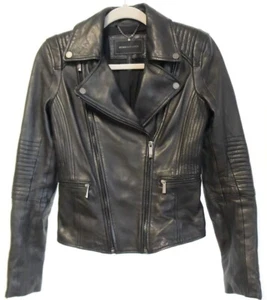 NWOT BCBG MaxAzria Black Leather Biker/Moto Jacket-Quilted Stitching-Zips-XXS - Picture 1 of 15