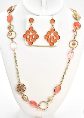 36" Charming Charlie Gold-T Pink Orange Crystal Bead Chain Necklace/Earrings - Image 1 of 4