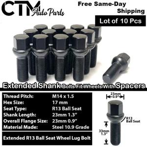 10x Black 14x1.5 Ball Seat Extend Lug Bolt 33mm Shank Volkswagen 3-8mm Spacer - Picture 1 of 5