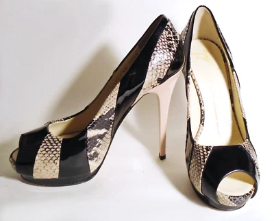 ZAPATOS STILETTO COMO NUEVOS GIUSEPPE ZANOTTI PIEL DE SERPIENTE/PATENTE CUERO Plataforma 4" 38/8 Foto 1 de 4