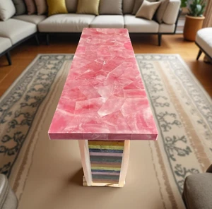 Rose Quartz Console Table – Rectangular Pink Gemstone Top – Handmade Furniture - Picture 1 of 11