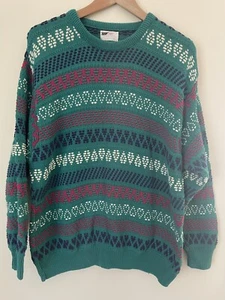 Jantzen Knit Sweater Made In USA XL Multicolored Teal Hearts Crew Neck VTG 1980s - Picture 1 of 5