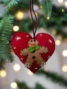 Primitive Christmas Handcrafted Felt 2" Red Heart w/ Gingerbread Man Ornament - Picture 1 of 3
